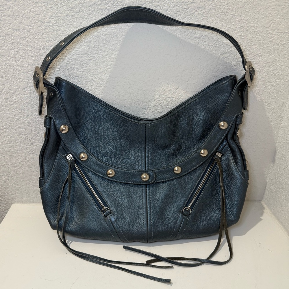 Botkier TRIGGER Mermaid Blue Moto Leather Hobo Shoulder Bag Studded Fringe - Picture 1 of 15